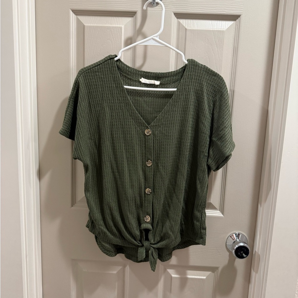Green Button-Up Waffle Knit Top